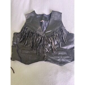 Vintage Leather Gold Fringe Vest Women Large Lace Sides Snap Front Festival Crop